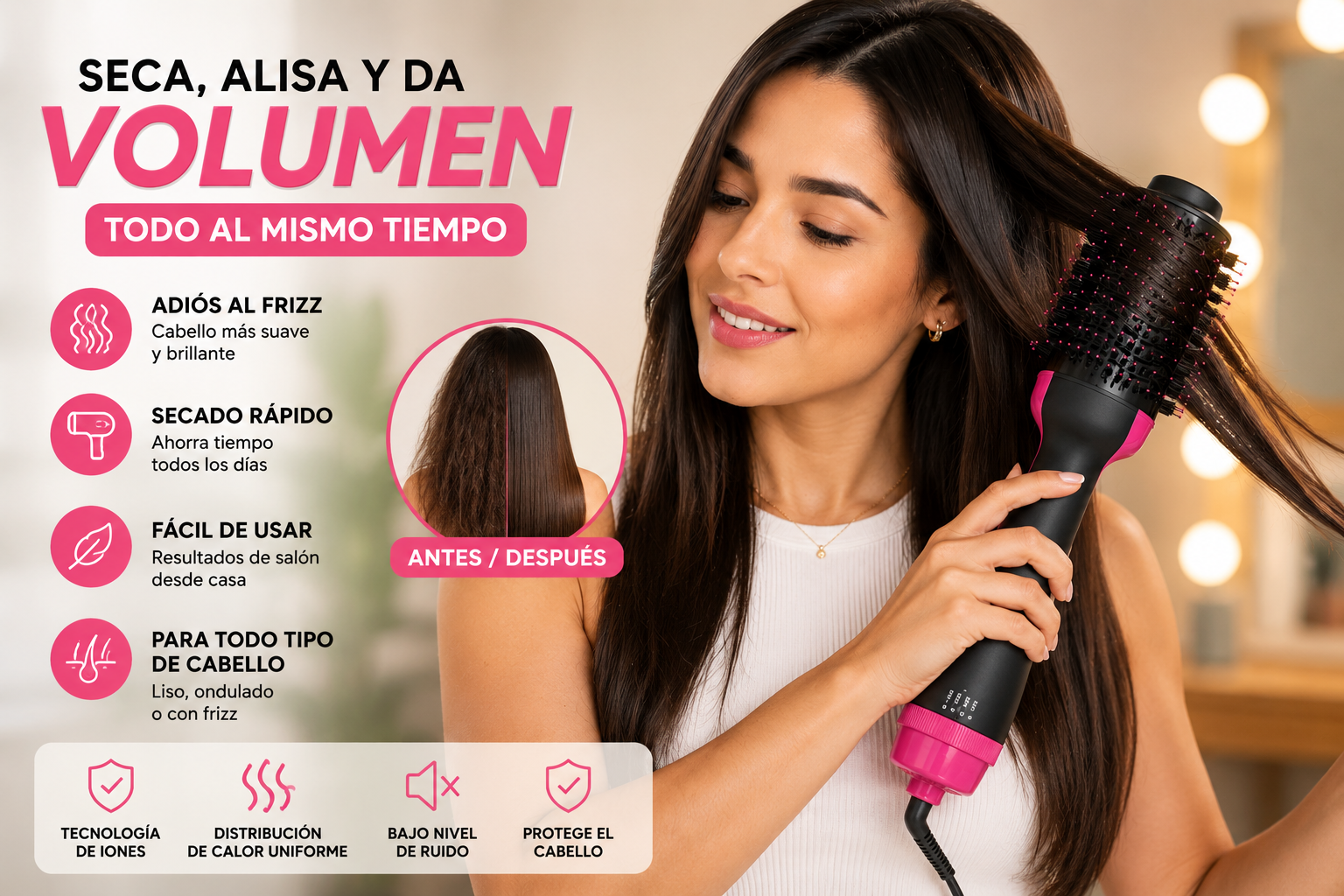 [PROMO] BellaHair Pro™ Cepillo Secador 3 en 1 Profesional para Alisar, Secar y Dar Volumen